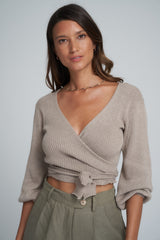 A Model Wearing the Knit Wrap Top Cafe Au Lait by LILYA