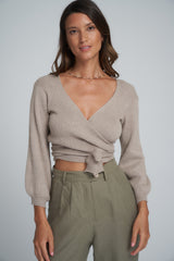 A Model Wearing a Brown Knit Wrap Top