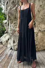 Model wearing black Elena Midi dress with lace inserts and pintuck details that feel romantic and vintage inspired