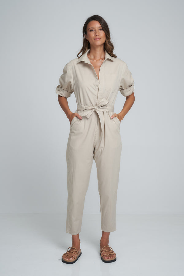 A Model Wearing a Natural Jumpsuit by LILYA