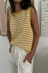 Sleeveless striped knit top with contrast yellow neck and sleeve binds 
