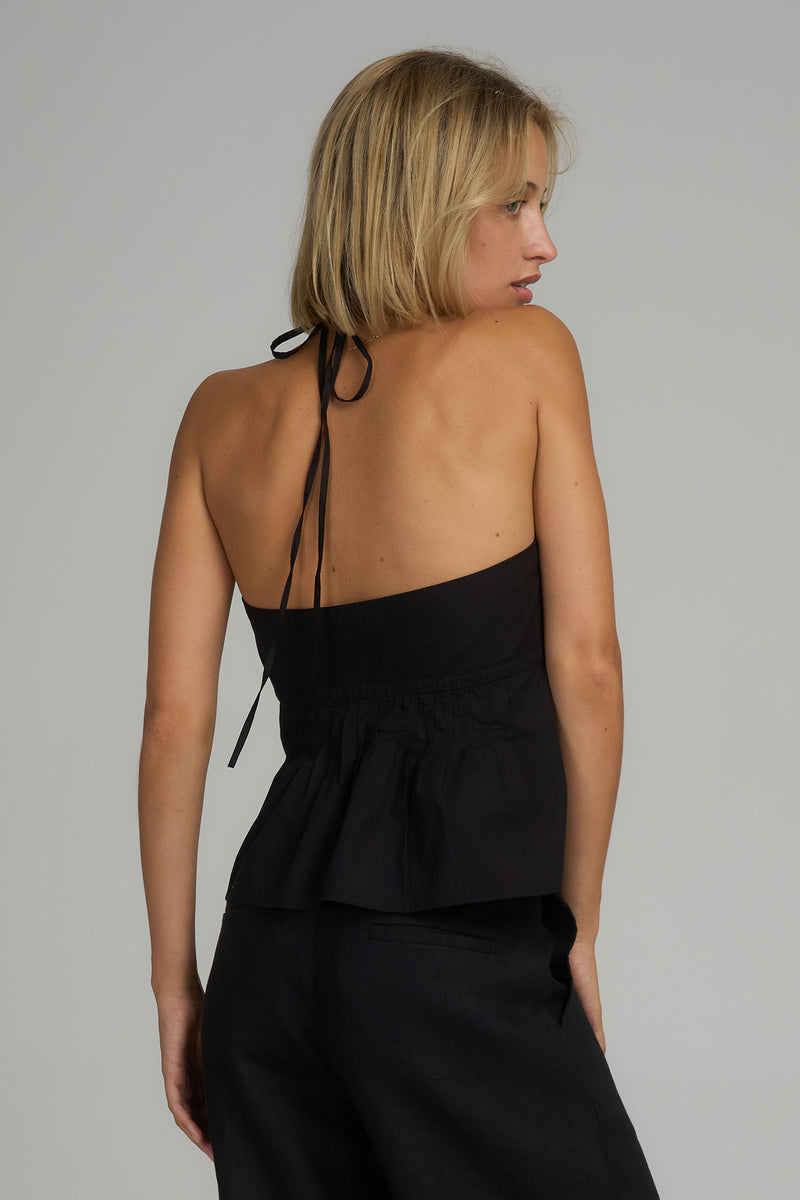 Back view of a low back black cotton top