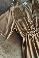 Brown shiny satin viscose dress with button front detail 
