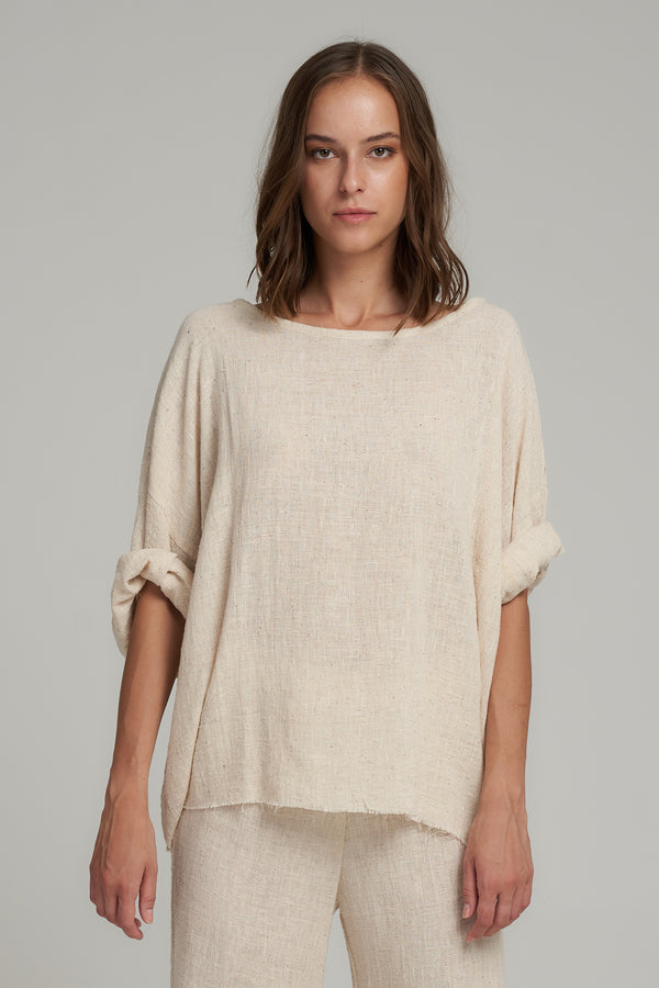A Model Wearing a Natural Linen Lounge Top