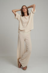 A Model Wearing a Natural Linen Loose Casual Top