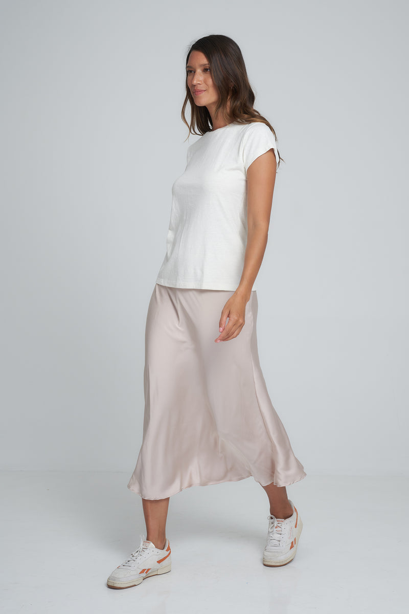 Model Wears a Natural Silk Midi Skirt by -LILYA