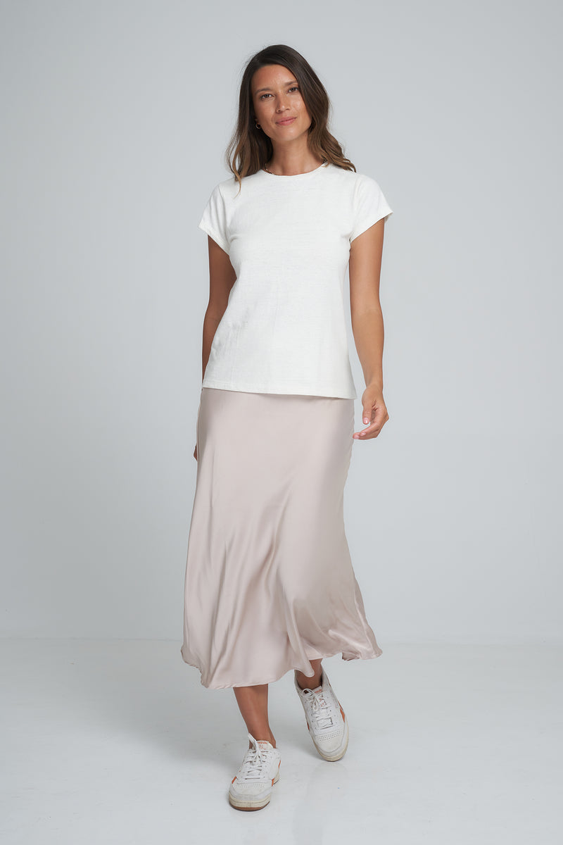 A Model Wearing a Silver Silk Skirt by LILYA