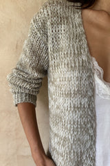 Front photo of two tone knitted cardigan by LILYA