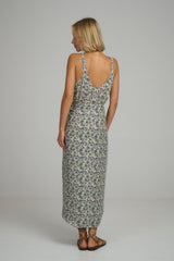 Back view of a blue floral summer maxi dress