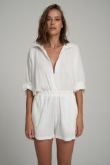 A Model Wearing a White Cotton Classic Playsuit