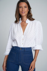 A Model Wearing a Classic White Cotton Blouse in Australia