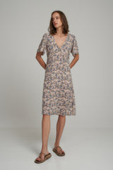 A Woman Wearing a Blue Floral Midi Dress by LILYA
