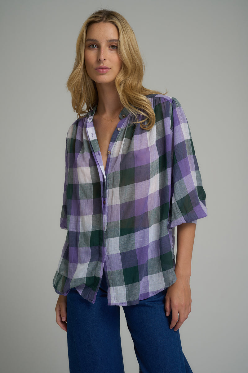 A model wearing a casual cotton purple check blouse in Australia