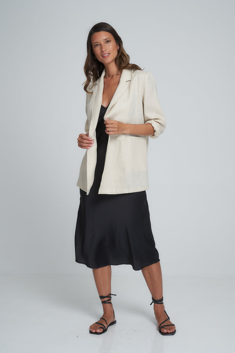 A Model Wearing a Natural Linen Corporate Jacket