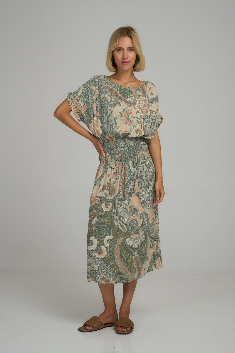 A model wearing a green floral midi dress