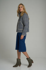 A model wearing a blue and white floral jacket