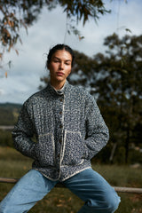 A model wearing a soft floral winter jacket
