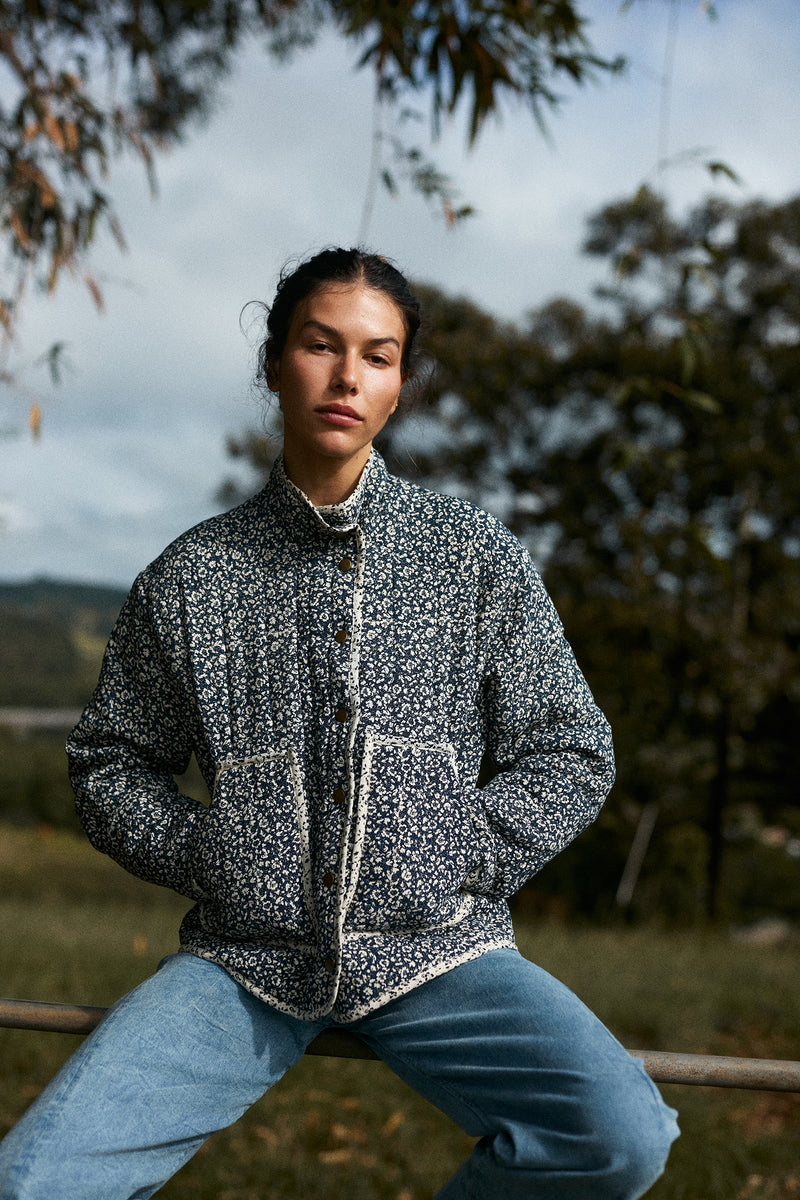 A model wearing a soft floral winter jacket