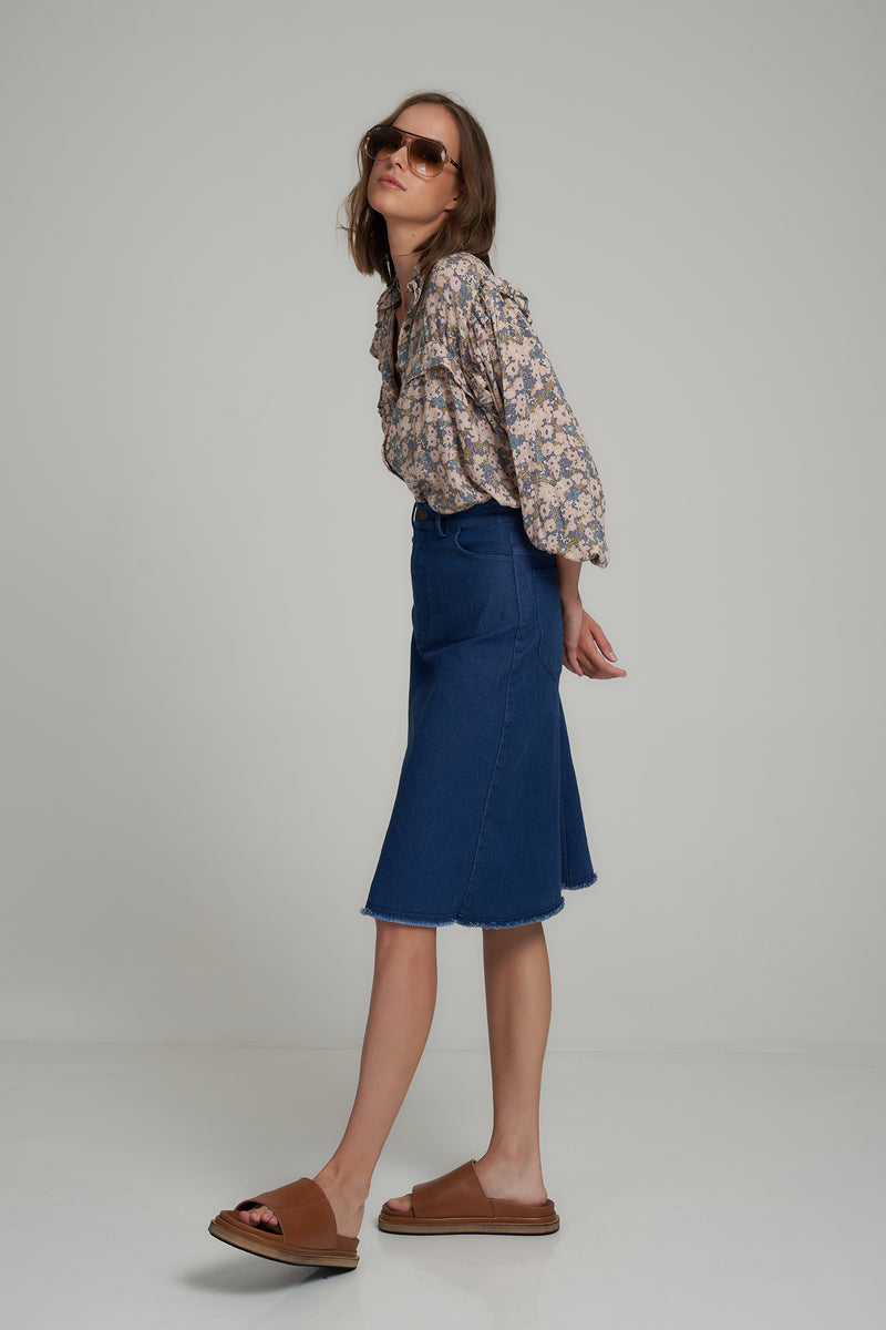 A Model Wearing a Summer Midi High Waisted Denim Skirt