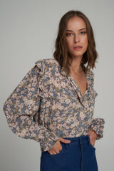 Blue Floral Long Sleeve Statement Top