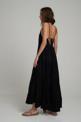 Back View of the Salsa Low Back Black Maxi Dress