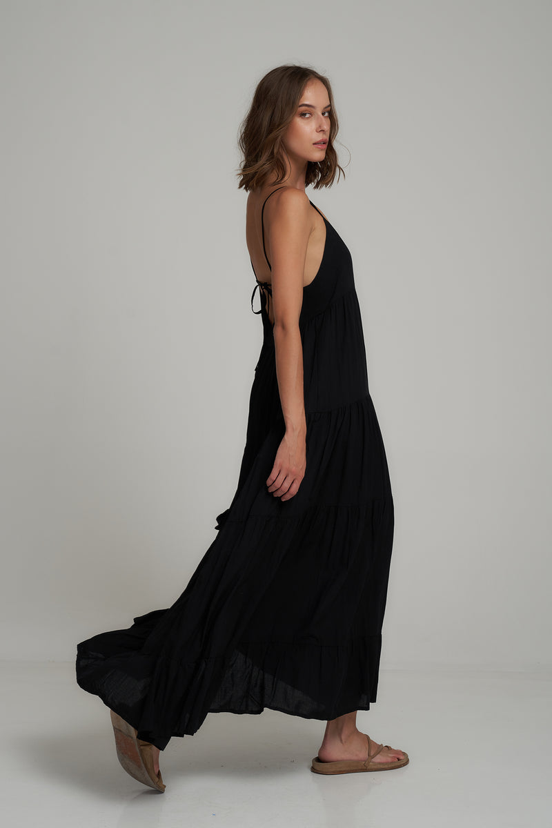 A Side View of a Black Summer Maxi Dress in Australia