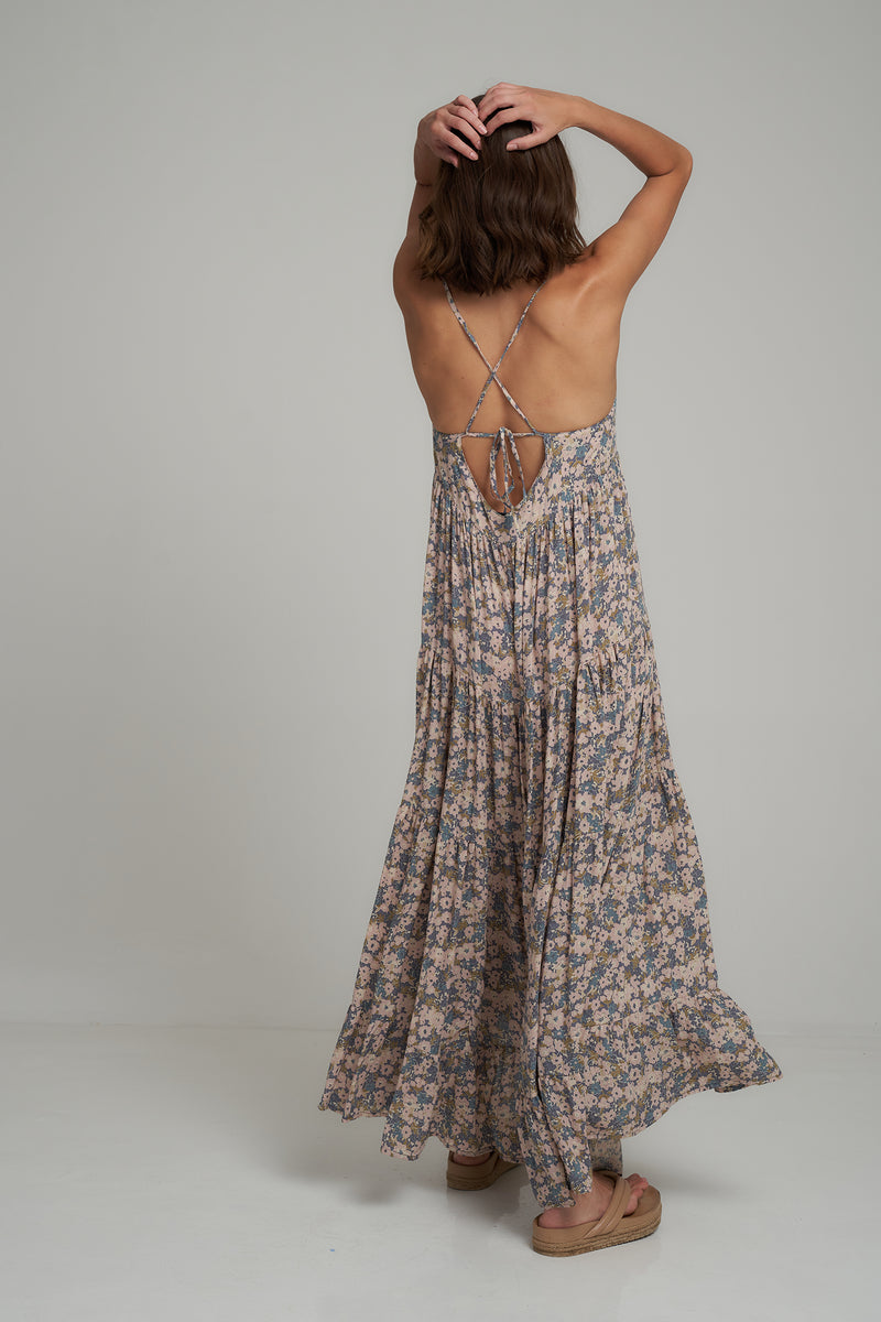 A Model Wears a Blue Floral Layered Maxi Dress in Australia