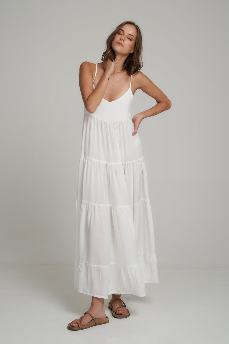 A Model Wearing a White Cotton Summer Maxi Dress in Australia