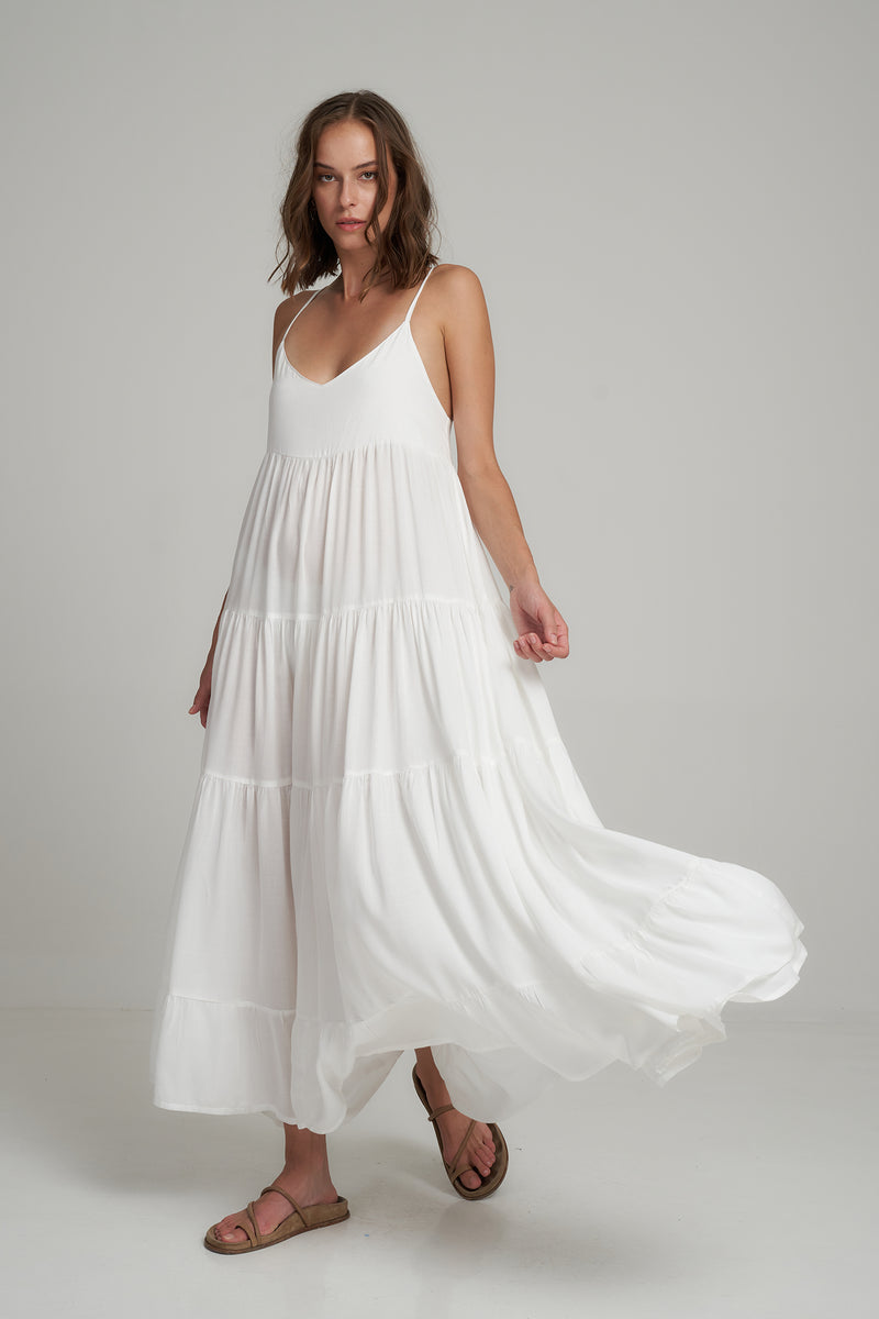 A Woman Wearing a White Cotton Layered Maxi Dress