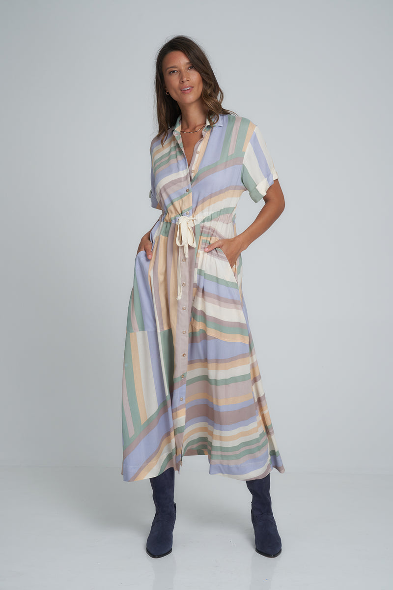 A Model Wearing the September Dress Ocean Retro Stripe by LILYA