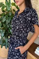 Midi floral shirt dress with side pockets and waist tie detail