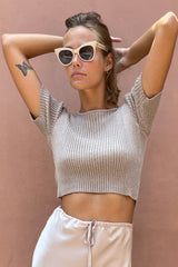 A Model Wearing a Brown Short Sleeve Knit Top
