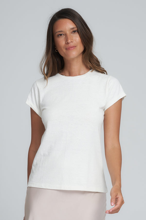 A Model Wearing Slim Organic Hemp Cotton White Tee