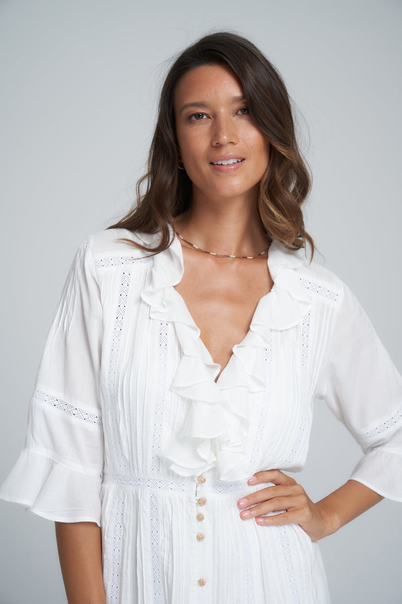 A Button Through Summer Feminine White Midi Dress