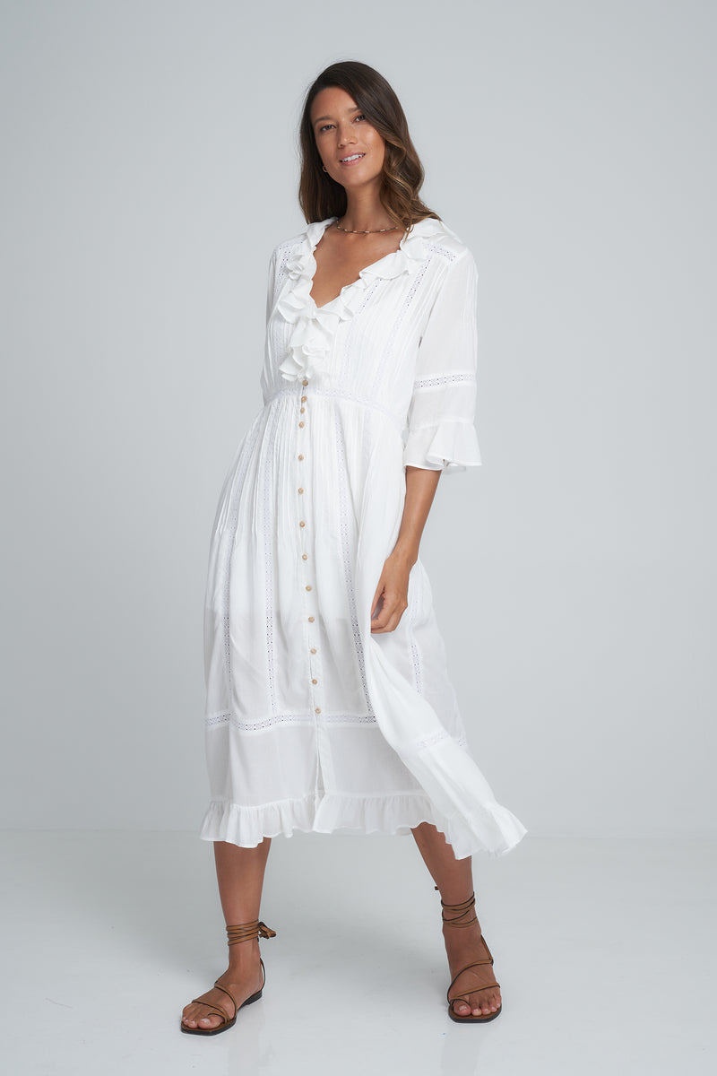 A Woman Wearing a White Cotton Midi Dress with Lace Details