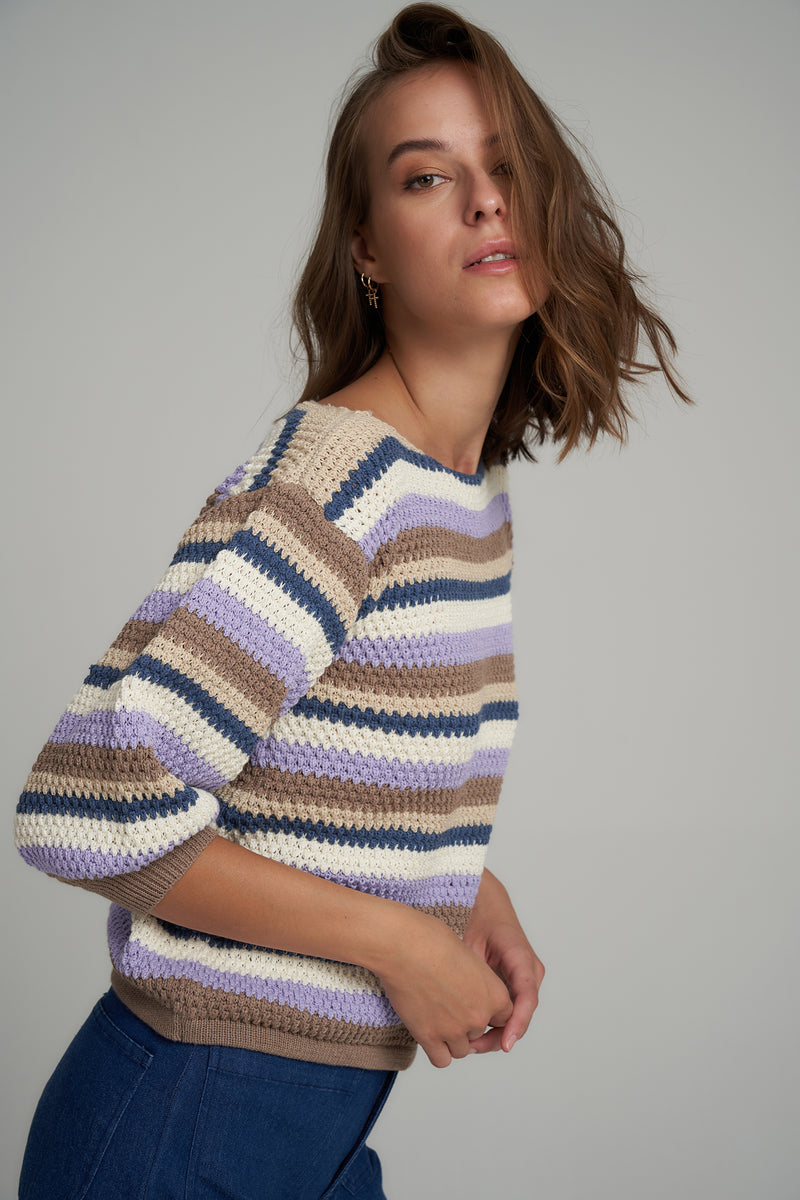 Model Wearing a Striped Cotton Knit Jumper
