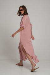 A Side View of a Pink Maxi Shirt Dress in Australia
