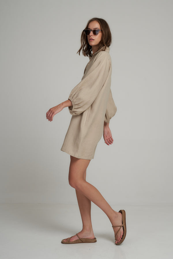 A Model Wearing a Short Linen Natural Mini Dress for Summer