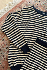 Navy and cream knit with ribbed neck and sleeve hem and matching shorts