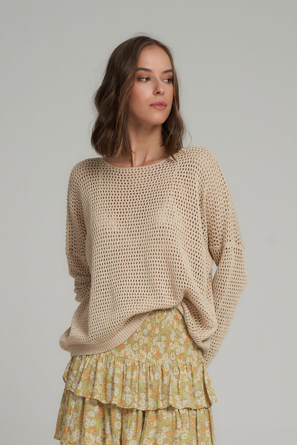 A Model Wearing a Natural Cotton Weave Jumper