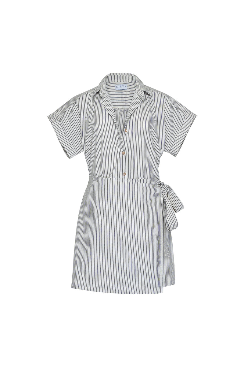 An image of a striped mini wrap dress