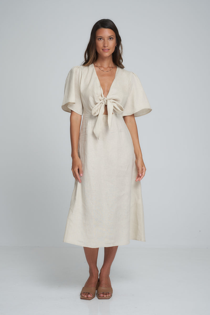A Model Wearing a Natural Linen Elegant Midi Dress