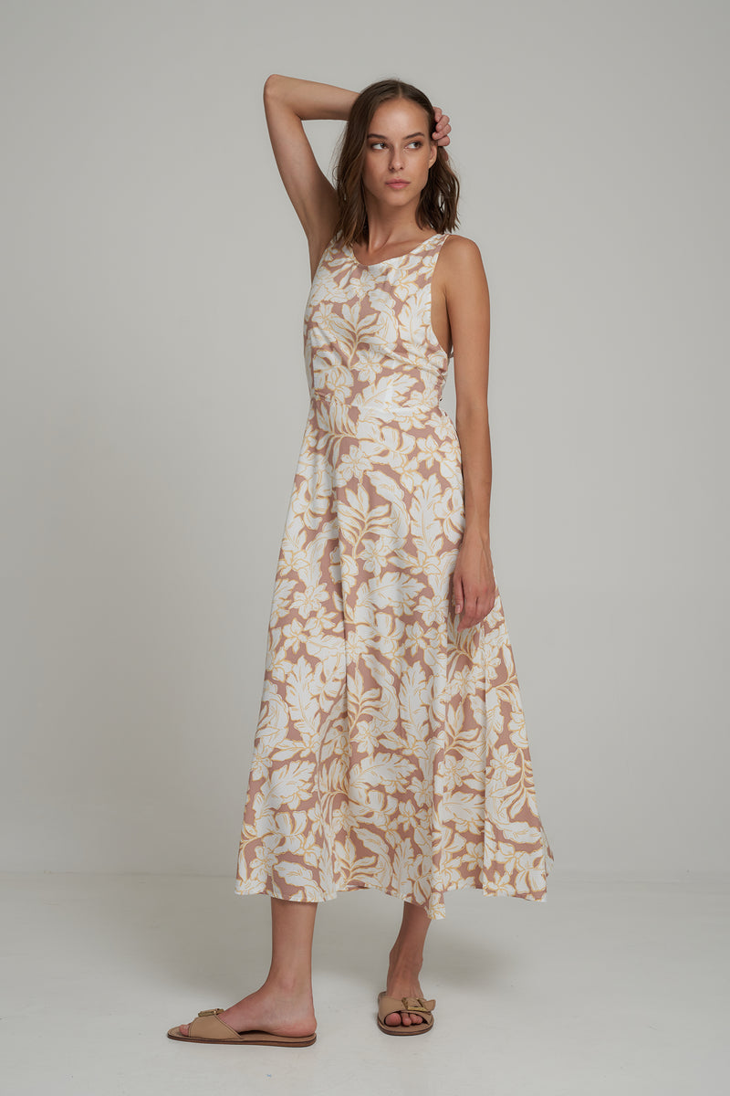 A Model Wearing a Tropical Floral Summer Maxi Dress