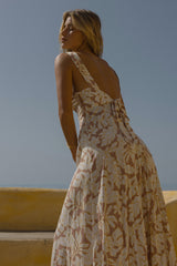 A Model Wearing a Tropical Print Low Back Midi Summer Dress