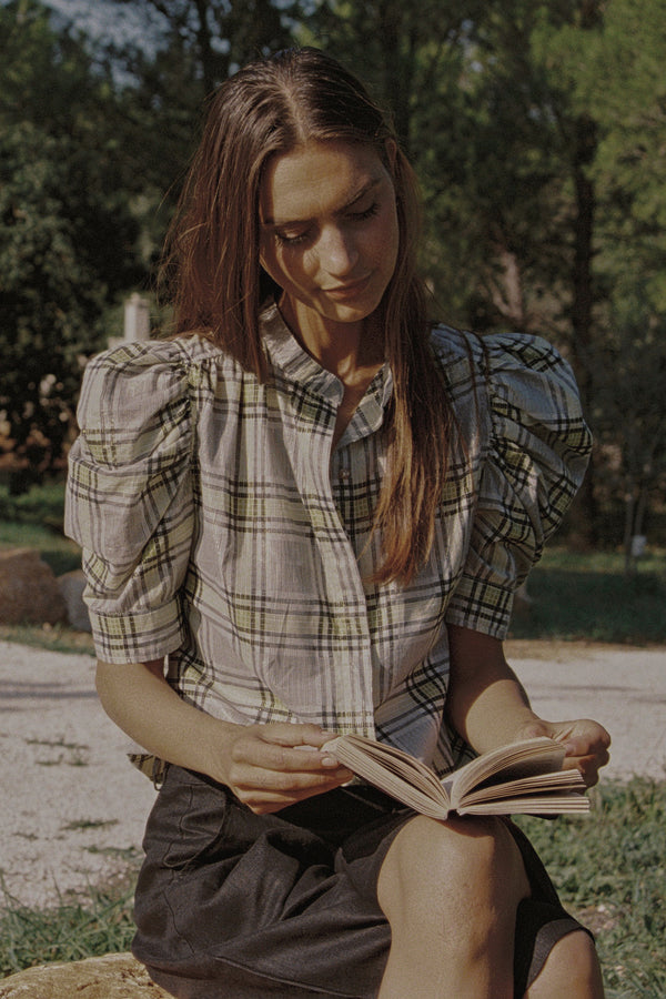 A check top with vintage puff sleeves