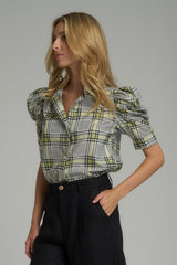 A model wearing the Woodford Check Top Stratford Check by LILYA