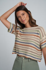 A Model Wearing a Striped Cropped Knit Top