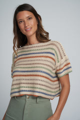 A Model Wearing a Natural Striped Knit Top