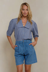 Blue check fashion top with oversized collar