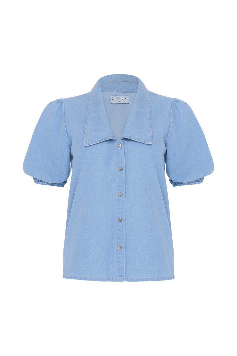 Short sleeve blue chambray modern blouse Lilya